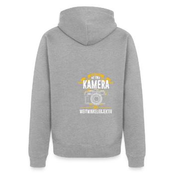 Bewaffnet mit einer KAMERA und WEITWINKELOBJEKTIV - Unisex Premium Bio Zip Hoodie - Grau meliert - Hinten - Nico (187cm)