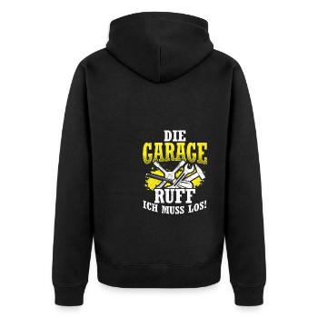 Die Garage ruft Ich muss los - Auto KFZ Liebhaber - Unisex Premium Bio Zip Hoodie - Schwarz - Hinten - Nico (187cm)
