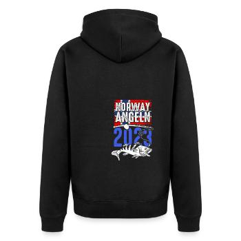 Angeltour Norwegen Fischer Angelteam Karpfen Angle - Unisex Premium Bio Zip Hoodie - Schwarz - Hinten - Nico (187cm)