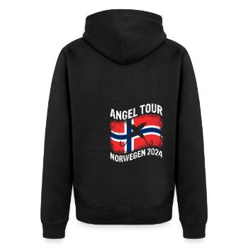 Angel Tour Norwegen 2024 Angelteam Karpfen Angelau - Unisex Premium Bio Zip Hoodie - Schwarz - Hinten - Nico (187cm)