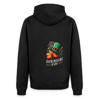 Lass die Spielereien, die mit dem Kobold beginnen, Hut St - Unisex Premium Bio Zip Hoodie - Schwarz - Hinten - Nico (187cm)