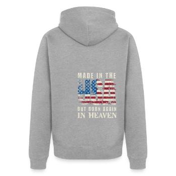 Made in USA but Born in Heaven - Unisex Premium Bio Zip Hoodie - Grau meliert - Hinten - Nico (187cm)