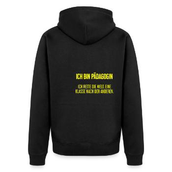 Ich bin Pädagogin - ich rette die Welt - Unisex Premium Bio Zip Hoodie - Schwarz - Hinten - Nico (187cm)