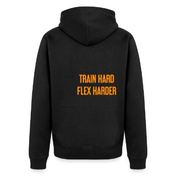 Train Hard Flex Harder - Unisex Premium Bio Zip Hoodie - Schwarz - Hinten - Nico (187cm)