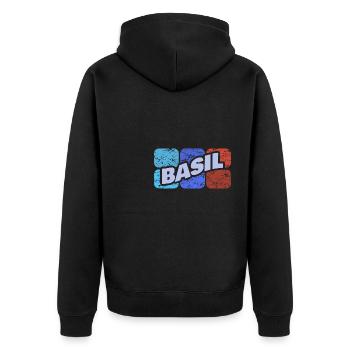 Geschenk für Basil - Unisex Premium Bio Zip Hoodie - Schwarz - Hinten - Nico (187cm)