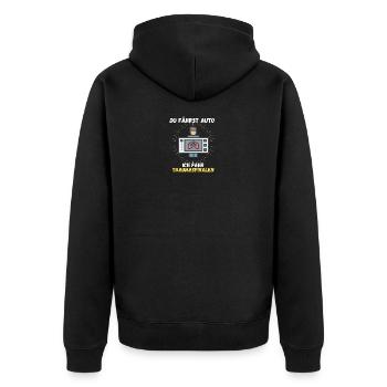 Du fährst Auto ich fahr Traumaspiralen MTRA Techno - Unisex Premium Bio Zip Hoodie - Schwarz - Hinten - Nico (187cm)