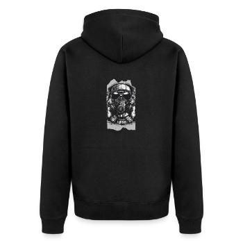 Sonorous Sentinel, Gas Mask Headphones Greyscale - Unisex Premium Organic Zip Hoodie - black - Back - Nico (187cm)