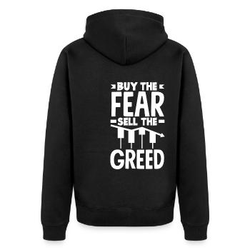 Buy The Fear Sell The Greed Investor Day - Unisex Premium Bio Zip Hoodie - Schwarz - Hinten - Nico (187cm)