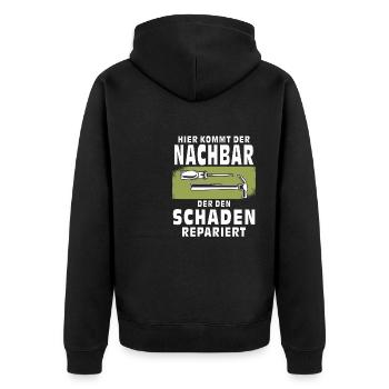 HIER KOMMT DER NACHBAR - Unisex Premium Bio Zip Hoodie - Schwarz - Hinten - Nico (187cm)