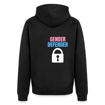 Gender Defender Zitat für einen Keeper der Gender - Unisex Premium Bio Zip Hoodie - Schwarz - Hinten - Nico (187cm)