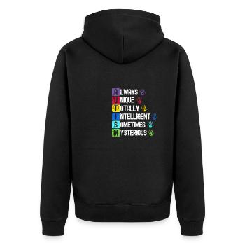 Immer einzigartig Totally Intelligent Manchmal - - Unisex Premium Bio Zip Hoodie - Schwarz - Hinten - Nico (187cm)
