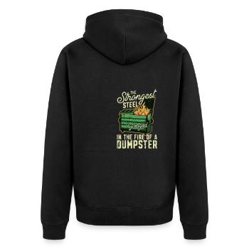 Der stärkste Stahl wird im Feuer geschmiedet - Arbeit - Unisex Premium Bio Zip Hoodie - Schwarz - Hinten - Nico (187cm)