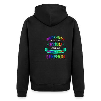 Hinter jedem glücklichen Kind steckt eine Lehrerin - Unisex Premium Bio Zip Hoodie - Schwarz - Hinten - Nico (187cm)