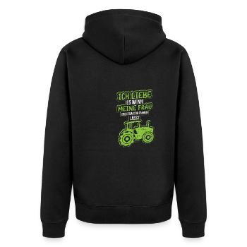 Ich liebe es wenn meine Frau mich Traktor fahren - Unisex Premium Bio Zip Hoodie - Schwarz - Hinten - Nico (187cm)
