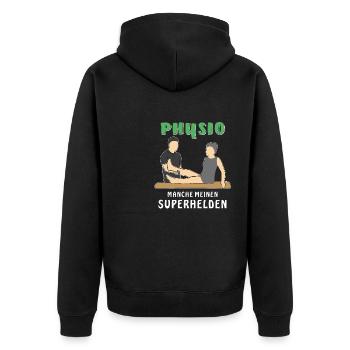 PHYSIO MANCHE MEINEN SUPERHELDEN - Unisex Premium Bio Zip Hoodie - Schwarz - Hinten - Nico (187cm)