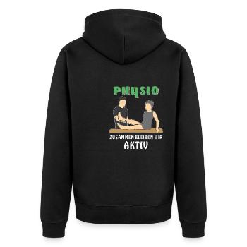PHYSIO ZUSAMMEN BLEIBEN WIR AKTIV - Unisex Premium Bio Zip Hoodie - Schwarz - Hinten - Nico (187cm)
