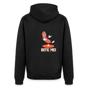 Bite Me Schnitzel Deutsches Würstchen Bierfest - Unisex Premium Bio Zip Hoodie - Schwarz - Hinten - Nico (187cm)