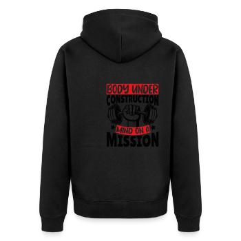 Body under construction Mind on a Mission - Unisex Premium Bio Zip Hoodie - Schwarz - Hinten - Nico (187cm)