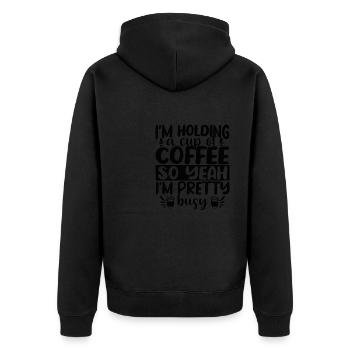I'm holding a Cup of Coffee - Unisex Premium Bio Zip Hoodie - Schwarz - Hinten - Nico (187cm)