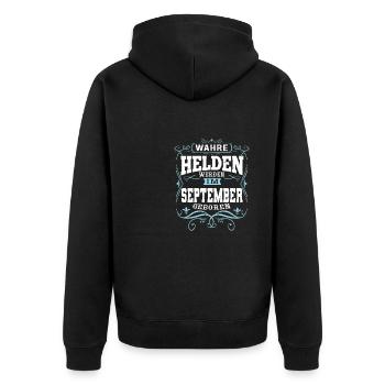 Wahre Helden werden im September geboren - Unisex Premium Bio Zip Hoodie - Schwarz - Hinten - Nico (187cm)
