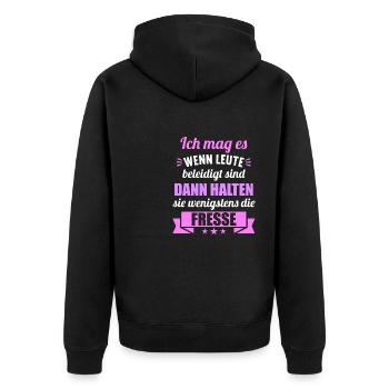 Ich mag es wenn Leute beleidigt sind halten Fresse - Unisex Premium Bio Zip Hoodie - Schwarz - Hinten - Nico (187cm)