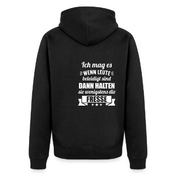 Ich mag es wenn Leute beleidigt sind halten Fresse - Unisex Premium Bio Zip Hoodie - Schwarz - Hinten - Nico (187cm)