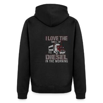 Lustiger Trucker Ich Liebe Den Geruch Von Diesel - Unisex Premium Bio Zip Hoodie - Schwarz - Hinten - Nico (187cm)