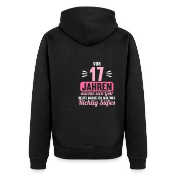 Vor 17 Jahren dachte Gott mach Gutes 17 Geburtstag - Unisex Premium Bio Zip Hoodie - Schwarz - Hinten - Nico (187cm)