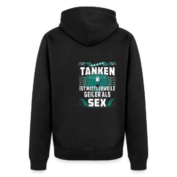 TANKEN IST MITTLERWEILE GEILER ALS SEX - Unisex Premium Bio Zip Hoodie - Schwarz - Hinten - Nico (187cm)