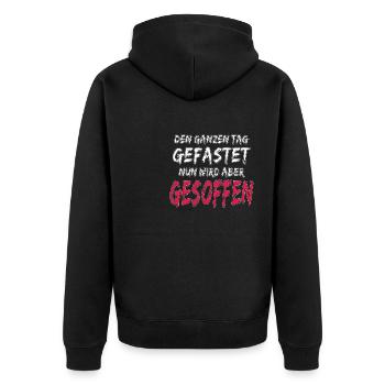 DEN GANZEN TAG GEFASTET - Unisex Premium Bio Zip Hoodie - Schwarz - Hinten - Nico (187cm)