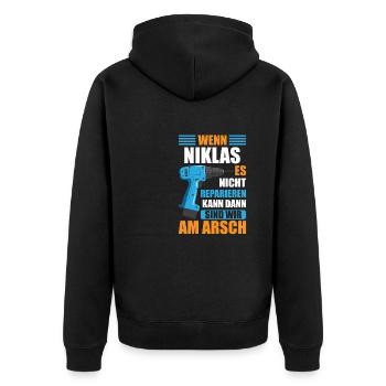 Niklas Vorname Name Geburtstag Reparieren - Unisex Premium Bio Zip Hoodie - Schwarz - Hinten - Nico (187cm)