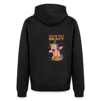 Tupfen Sie die Soße auf - Unisex Premium Bio Zip Hoodie - Schwarz - Hinten - Nico (187cm)