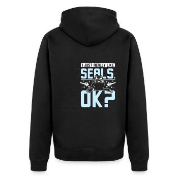 I just really like seals ok? - Unisex Premium Bio Zip Hoodie - Schwarz - Hinten - Nico (187cm)