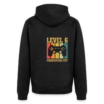 Level 6 freigeschaltet - Unisex Premium Bio Zip Hoodie - Schwarz - Hinten - Nico (187cm)