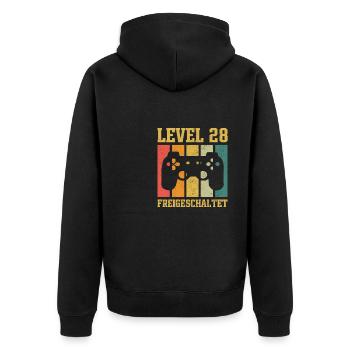 Level 28 freigeschaltet - Unisex Premium Bio Zip Hoodie - Schwarz - Hinten - Nico (187cm)