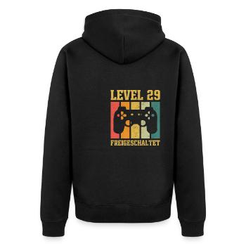 Level 29 freigeschaltet - Unisex Premium Bio Zip Hoodie - Schwarz - Hinten - Nico (187cm)