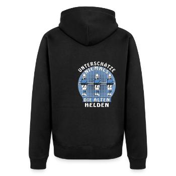 UNTERSCHÄTZE NIEMALS DIE ALTEN HELDEN - Unisex Premium Bio Zip Hoodie - Schwarz - Hinten - Nico (187cm)