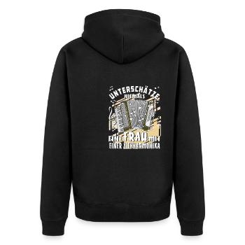 UNTERSCHÄTZE NIEMALS EINE FRAU MIT EINER ZIEHH - Unisex Premium Bio Zip Hoodie - Schwarz - Hinten - Nico (187cm)