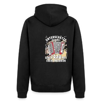 UNTERSCHÄTZE NIEMALS EINE FRAU MIT EINEM AKKOR - Unisex Premium Bio Zip Hoodie - Schwarz - Hinten - Nico (187cm)