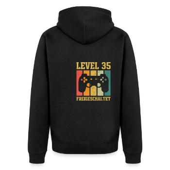 Level 35 freigeschaltet - Unisex Premium Bio Zip Hoodie - Schwarz - Hinten - Nico (187cm)