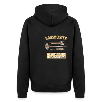 HAUSMEISTER DER MACHT DAS SCHON - Unisex Premium Bio Zip Hoodie - Schwarz - Hinten - Nico (187cm)