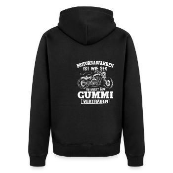 Motorradfahren Ist Wie Sex Dem Gummi Vertrauen - Unisex Premium Bio Zip Hoodie - Schwarz - Hinten - Nico (187cm)