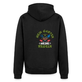 Hobbygärtner Gartenarbeit Spruch Mein Garten - Unisex Premium Bio Zip Hoodie - Schwarz - Hinten - Nico (187cm)