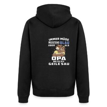 IMMER MÜDE MEISTENS BLAU OPA - Unisex Premium Bio Zip Hoodie - Schwarz - Hinten - Nico (187cm)