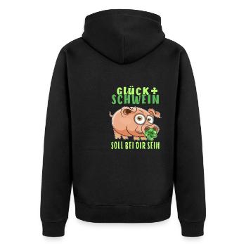GLÜCK + SCHWEIN SOLL BEI DIR SEIN - Unisex Premium Bio Zip Hoodie - Schwarz - Hinten - Nico (187cm)