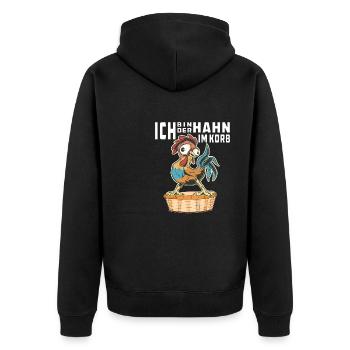ICH BIN DER HAHN IM KORB - Unisex Premium Bio Zip Hoodie - Schwarz - Hinten - Nico (187cm)