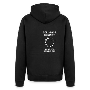 WARTEN DER SPASS BEGINNT - Unisex Premium Bio Zip Hoodie - Schwarz - Hinten - Nico (187cm)
