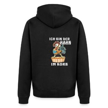 ICH BIN DER HAHN IM KORB - Unisex Premium Bio Zip Hoodie - Schwarz - Hinten - Nico (187cm)