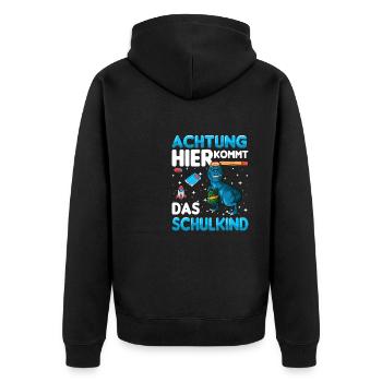 Achtung hier kommt das Schulkind Einschulung dino - Unisex Premium Bio Zip Hoodie - Schwarz - Hinten - Nico (187cm)