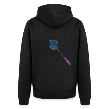 Badmintonspieler, Schläger, Federball, Hobbysport - Unisex Premium Bio Zip Hoodie - Schwarz - Hinten - Nico (187cm)